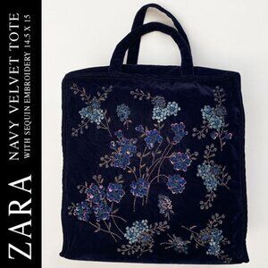 ZARA Navy Velvet Tote With Sequin Embroidery 14.5 x 15 NWOT